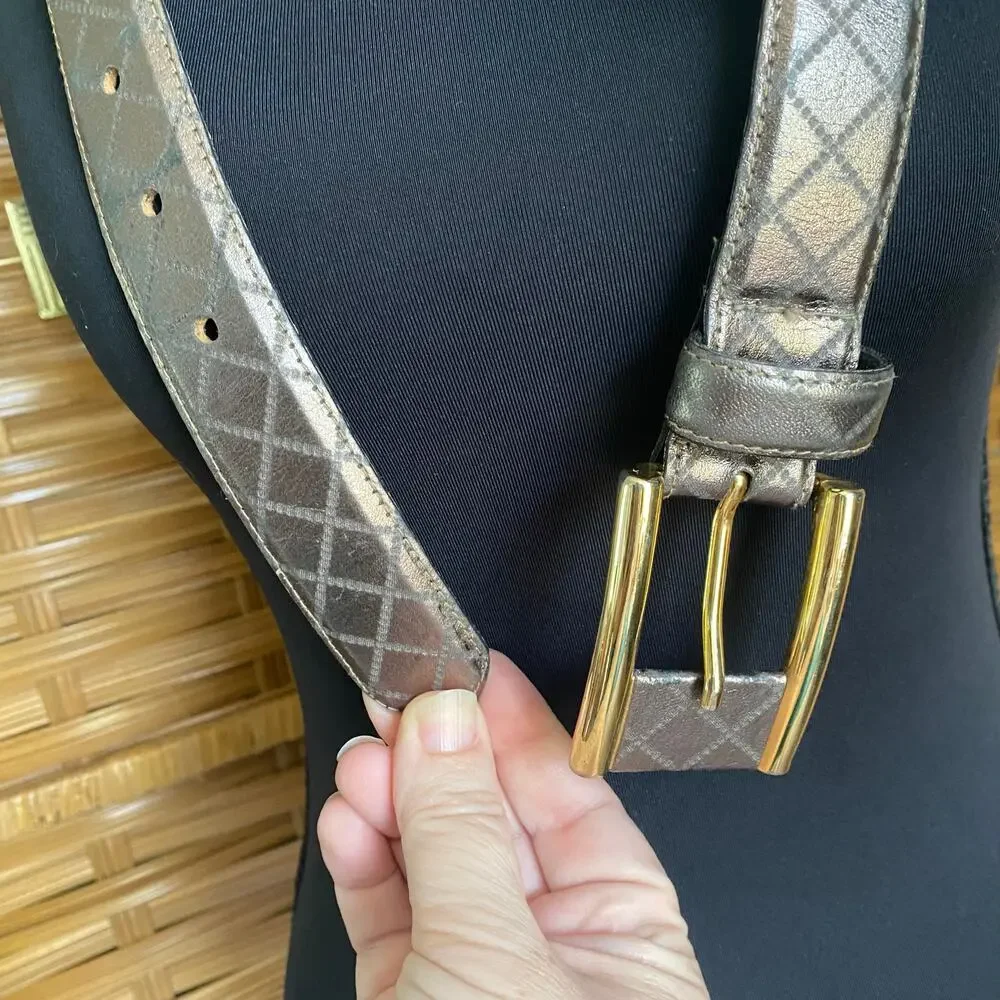 Avignon Gold Metallic Diamond Pattern Leather Belt Medium with Gold Buckle Med